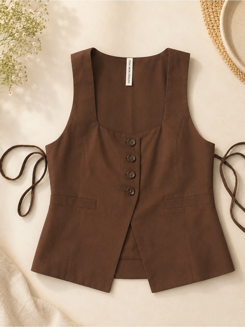 Brown Button-Front Women's Vest - Picture 2 of 4
